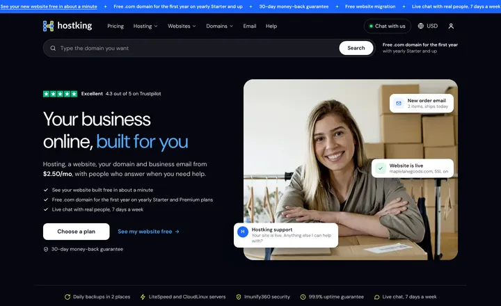 The Hostking website home page: Your business online, built for you